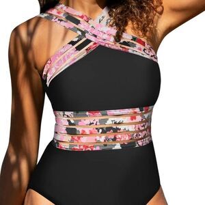 NWT HiLor Women's One Piece Halter Swimsuit, Small, Black with Floral Accents